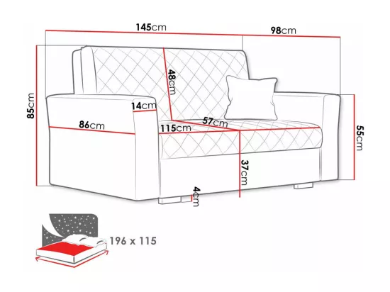 Canapé convertible Columbus 146, Boîte de literie, 85x145x98cm, Mobilier déjà assemblé