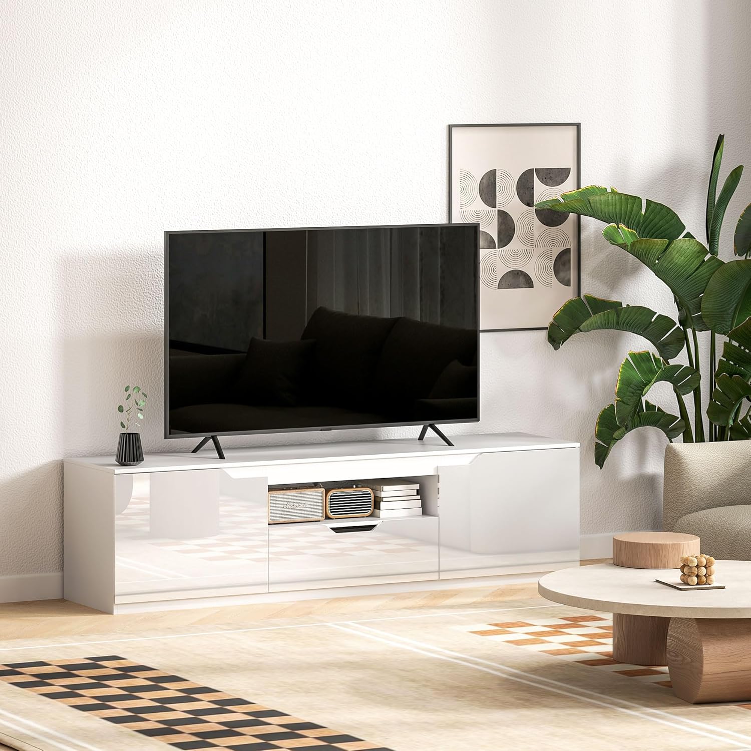HOMCOM TV Schrank Lowboard mit 2 Türen, Schublade, 160 cm lang Fernsehtisch für Fernseher bis zu 65 Zoll, TV Board mit Kabelmanagement für Wohnzimmer, Weiß