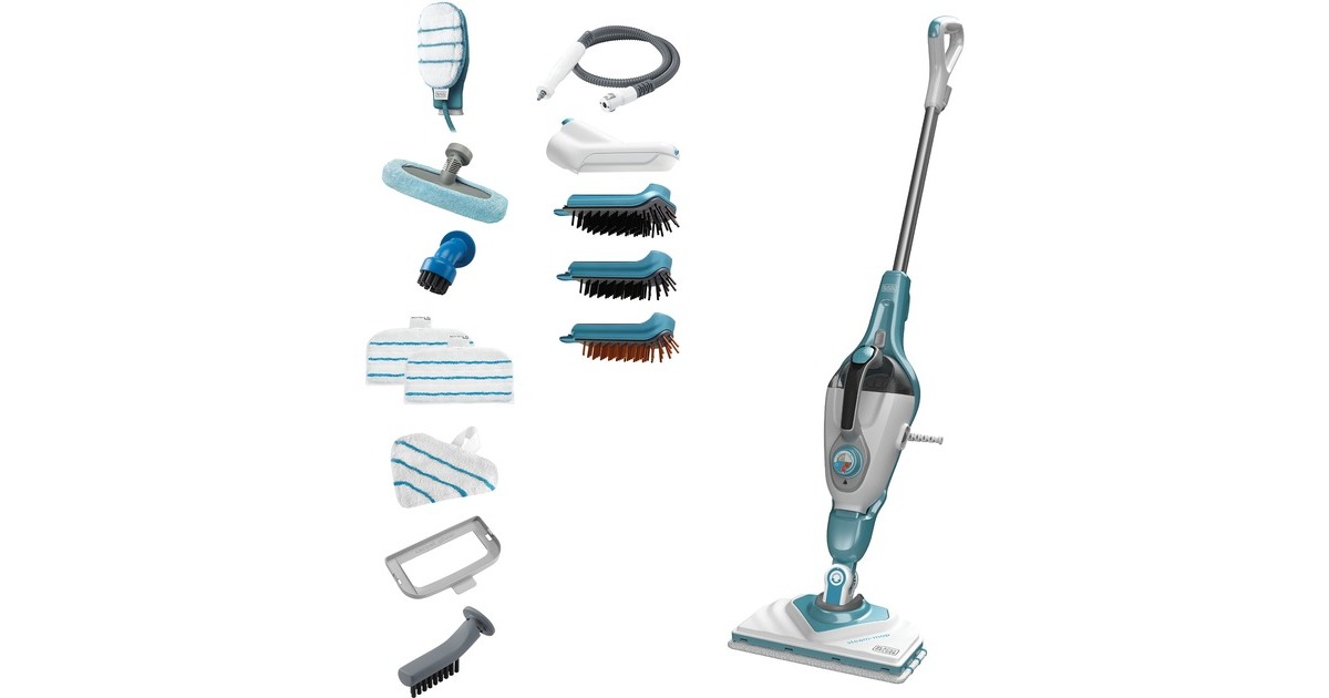 BLACK+DECKERBHSM1610DSM 1600W Steam-mop met SteaMitt, deltavoet en 15 accessoires stoomreiniger  (Wit/blauwgrijs)