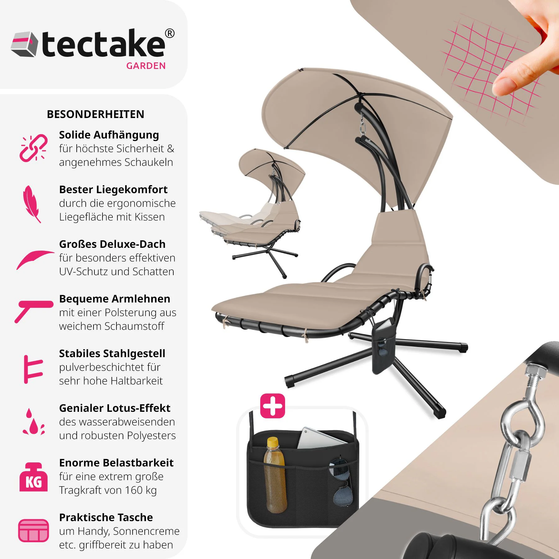 tectake® Hängeliege, großes Sonnendach mit UV-Schutz, ergonomisch, 195 x 132 x 197 cm, mit Seitentasche