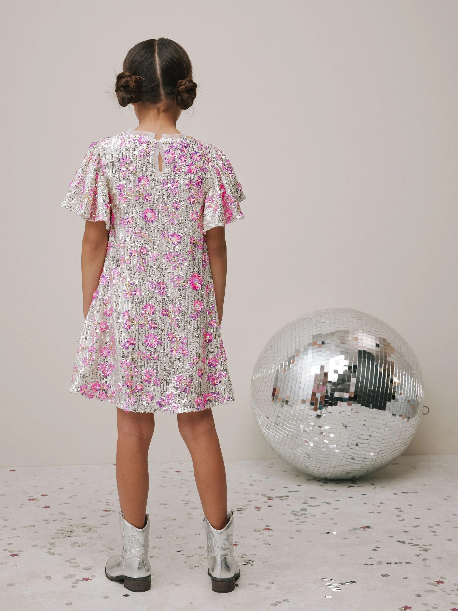 Zilverroze - 3D Bloemen feestjurk met lovertjes (3-16jr)