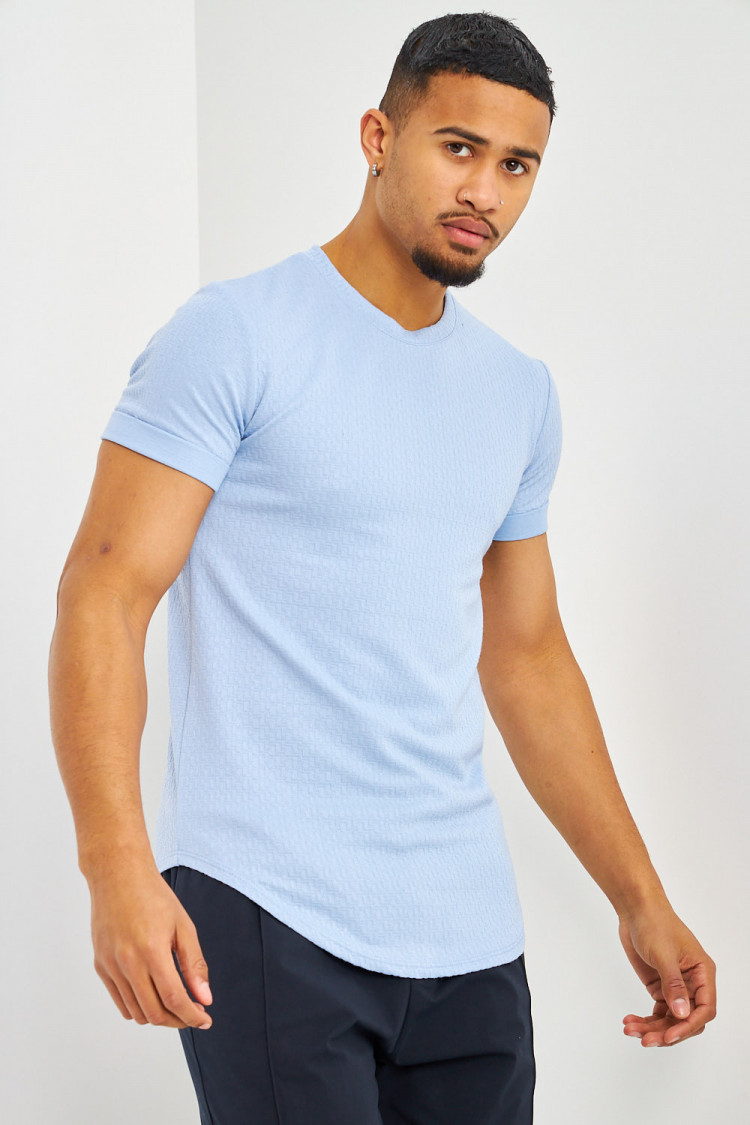 T-shirt motif relief bleu ciel manches courtes à revers