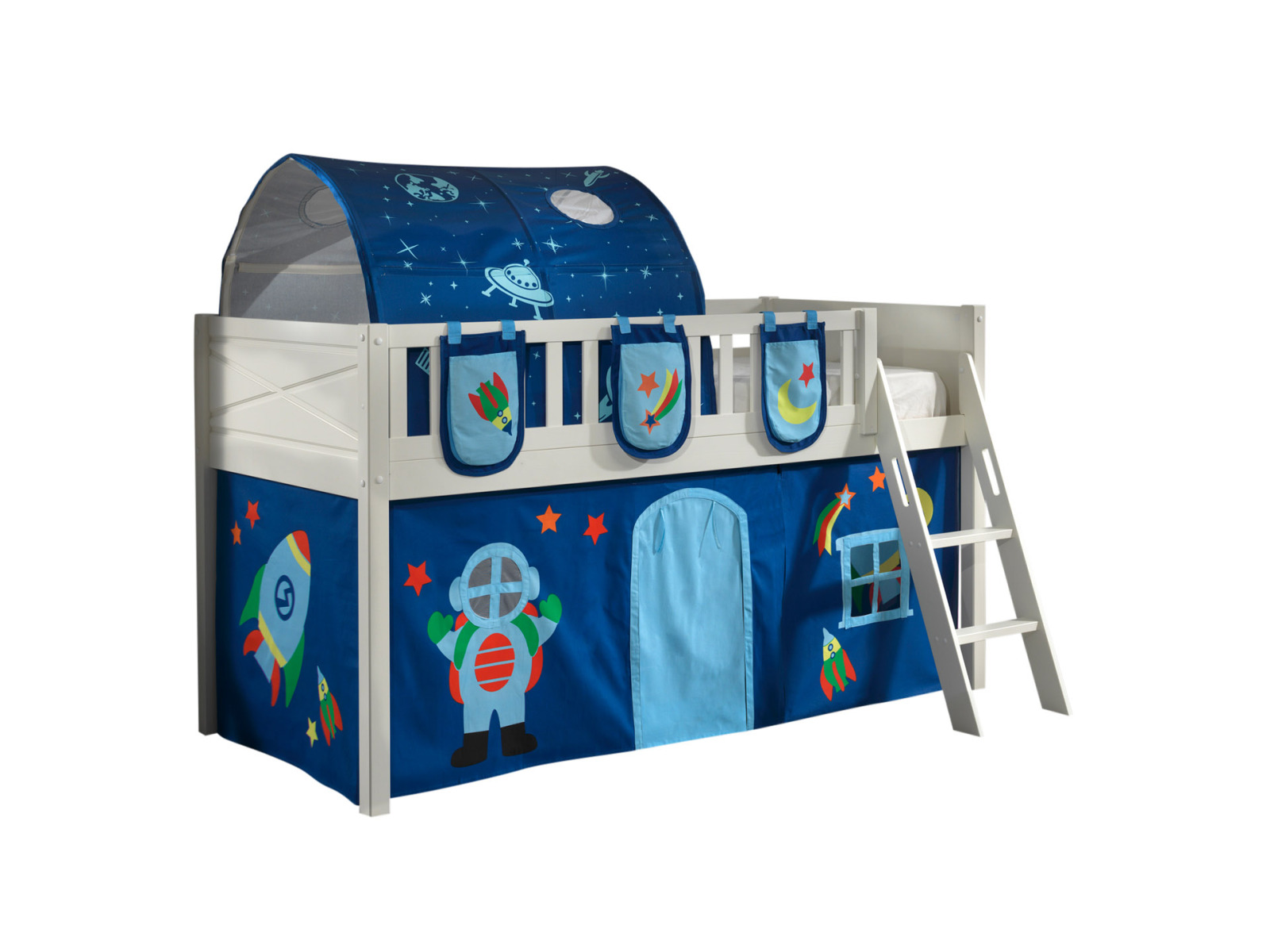 Spielbett SCOTT - weiß - Astro - mit Vorhang, Leiter, Tunnel und Taschen - 90x200 cm