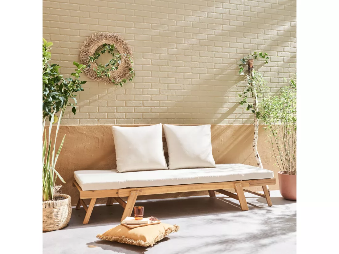 Banquette de jardin beige 2/3 places JALANCE. accoudoirs modulables 155/200x72x74.5cm
