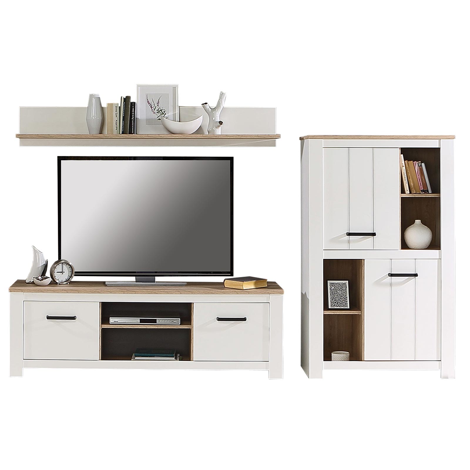 3-teiliges Wohnwand-Set - weiß - Bianco Eiche