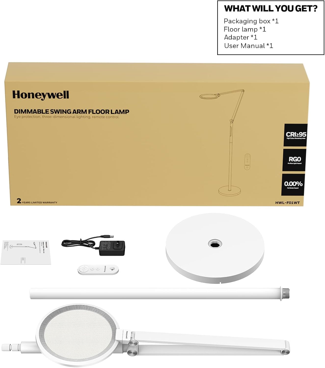 Honeywell LED Stehlampe - F01WT Sunturalux™ Augenfreundliche dimmbare Stehlampe mit Fernbedienung, 5 Farben & 5 Helligkeitsstufen verstellbare Lampe für Zuhause, Büro, Wohnzimmer, Weiß