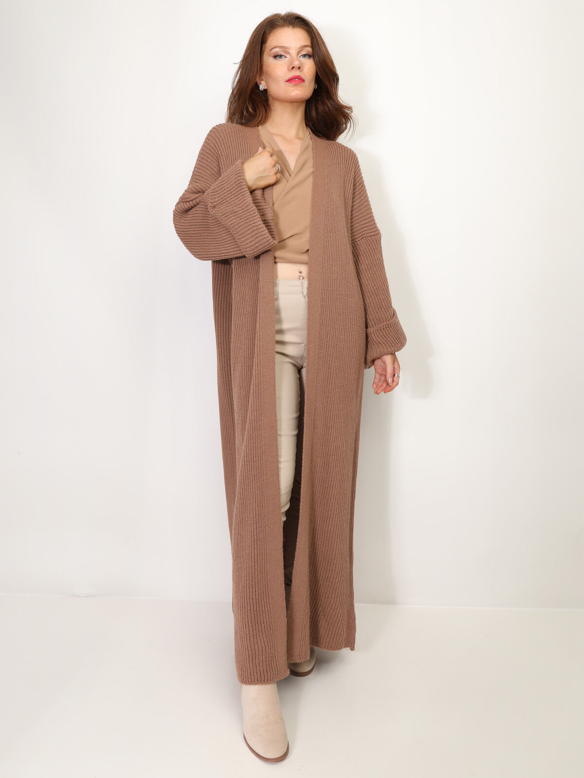 Gilet long à manches évasées- Camel foncé