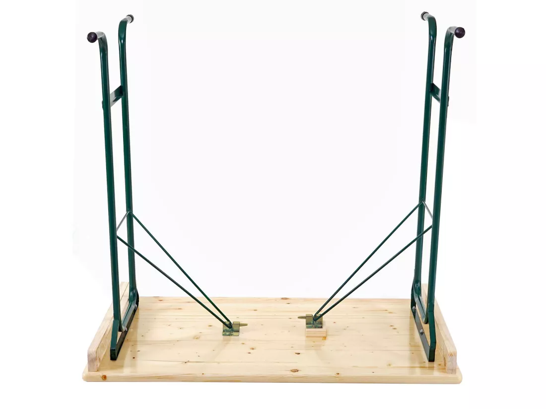 Table haute HWC-L67 - table de brasserie table de tente de bière table de camping - pliable métal pin bois huilé 110x125x70cm