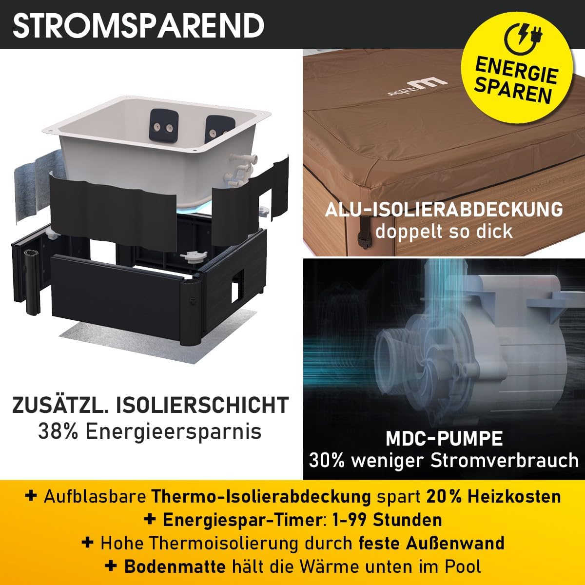 BRAST Whirlpool MSpa Oslo Amber mit Fester Außenwand | LED-Beleuchtung in 20 Farben für 6 Personen | 160x160x65cm | 120 Massagedüsen | Ganzjähriger Einsatz Winterfest | In & Outdoor Pool