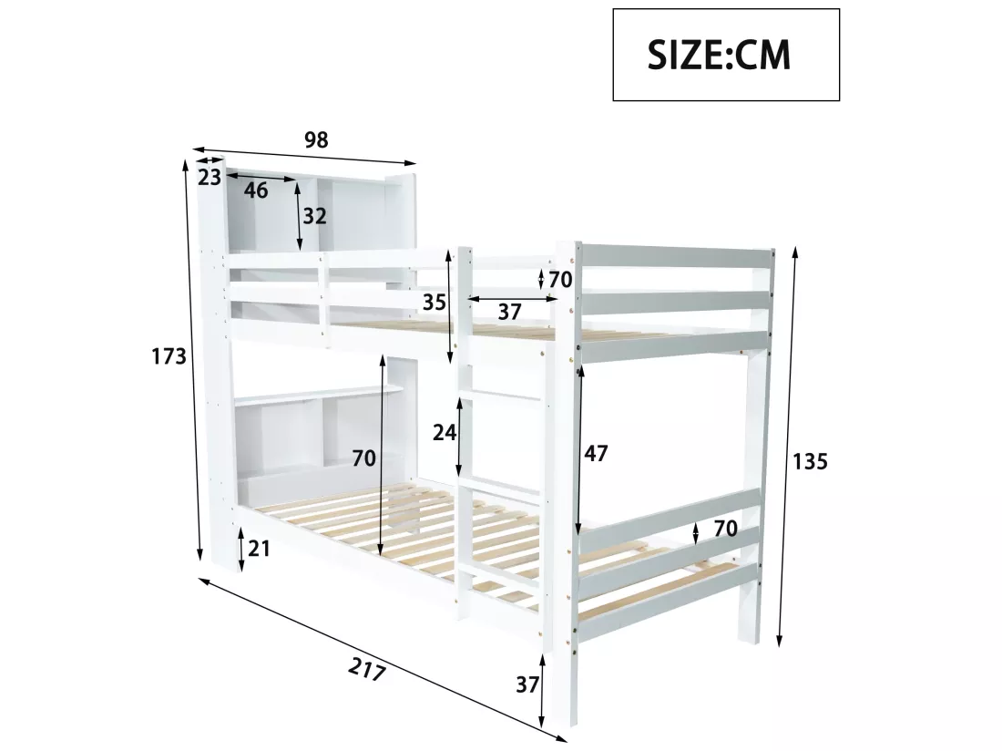 Lit superposé avec compartiments et échelle - cadre en pin - 90x200cm - blanc