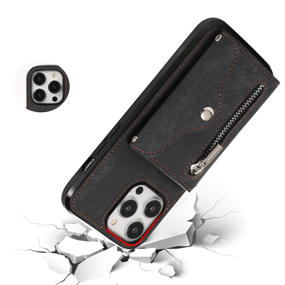 iPhone 14 Pro Max Necklace Leder Schutz Hülle mit Kartenfächer   Handykette (RFID Schutz) - Schwarz
