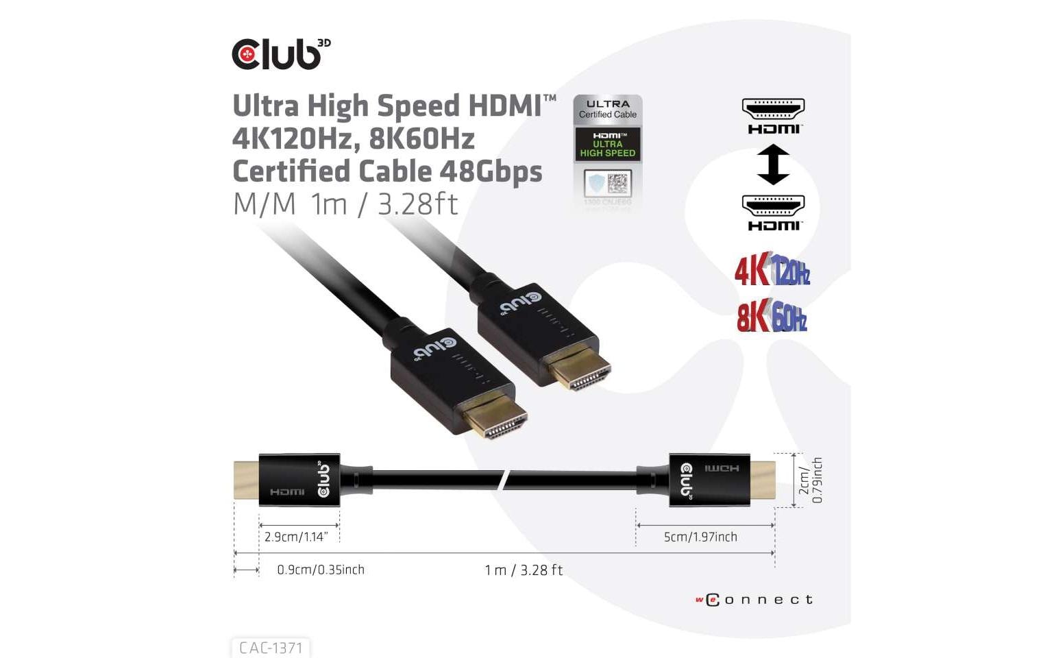 Kabel Ultra High Speed 4K120Hz, 8K60Hz HDMI 2.1 - HDMI, 1 mUltra High Speed HDMI 2.1-Kabel mit Unterstützung für Auflösungen bis zu 4K @ 120Hz oder 8K @ 60Hz