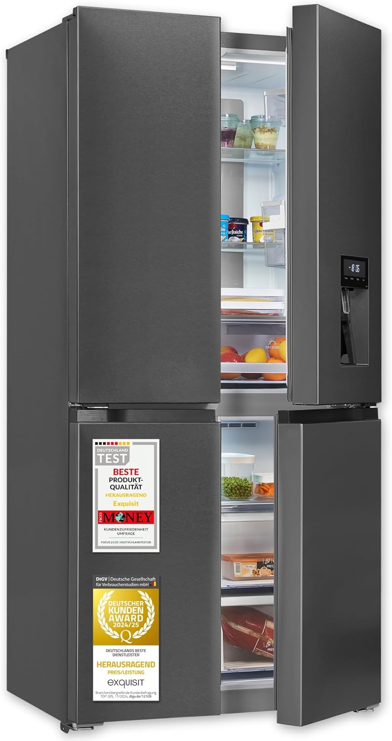Exquisit Multi-Door Kühlschrank MD430-100-WS-200E inoxlook-az | 432 L Volumen | NoFrost | Wasserspender | Cross Door Kühl-Gefrierkombination