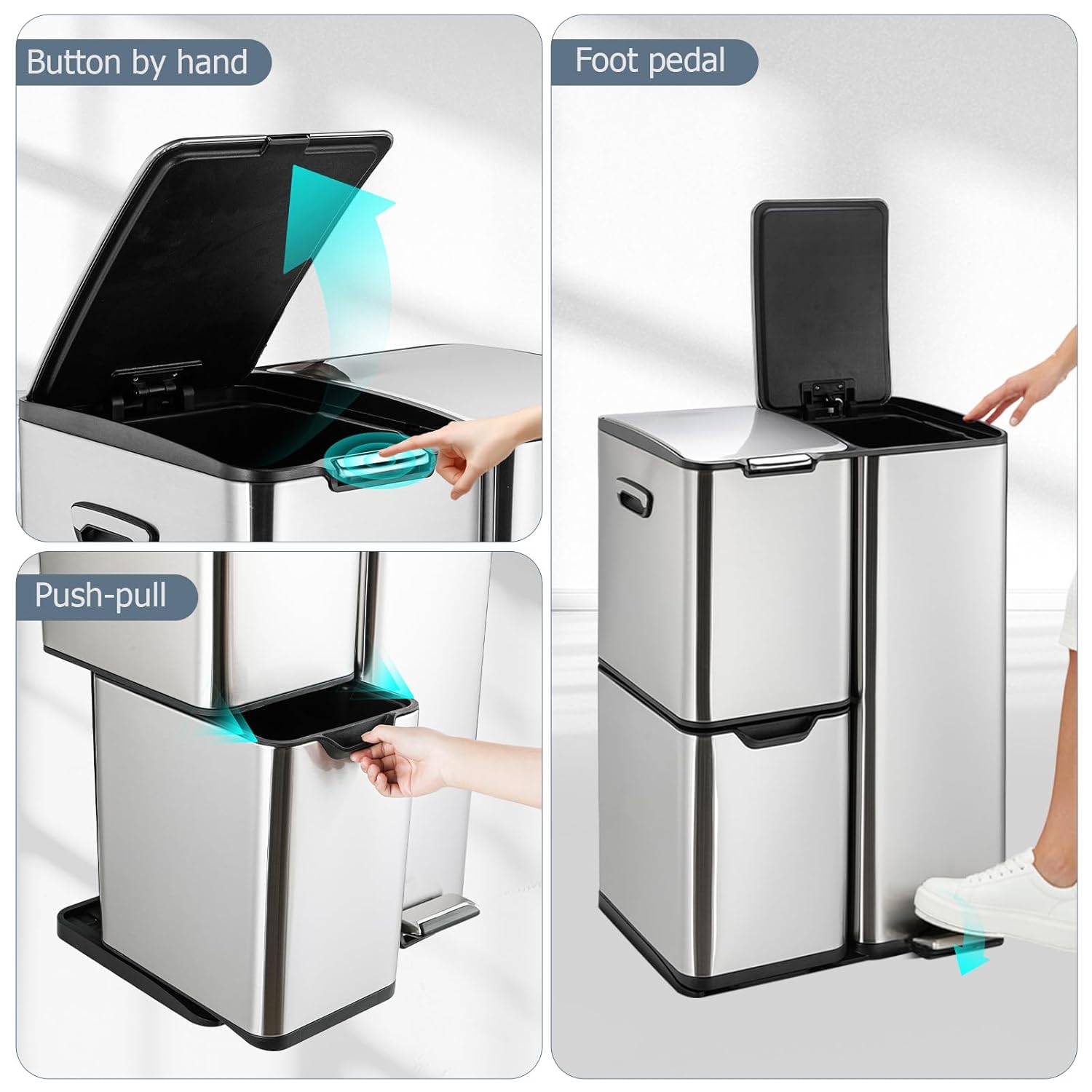LIFERUN Mülleimer 3 Fächer, 60L Mülltrennsystem (30 + 17 + 13 L) mit Softclose Deckel, Abfalleimer Küche aus Edelstahl Metall, Inneneimer Abnehmbar mit Griffe,Treteimer, Silber