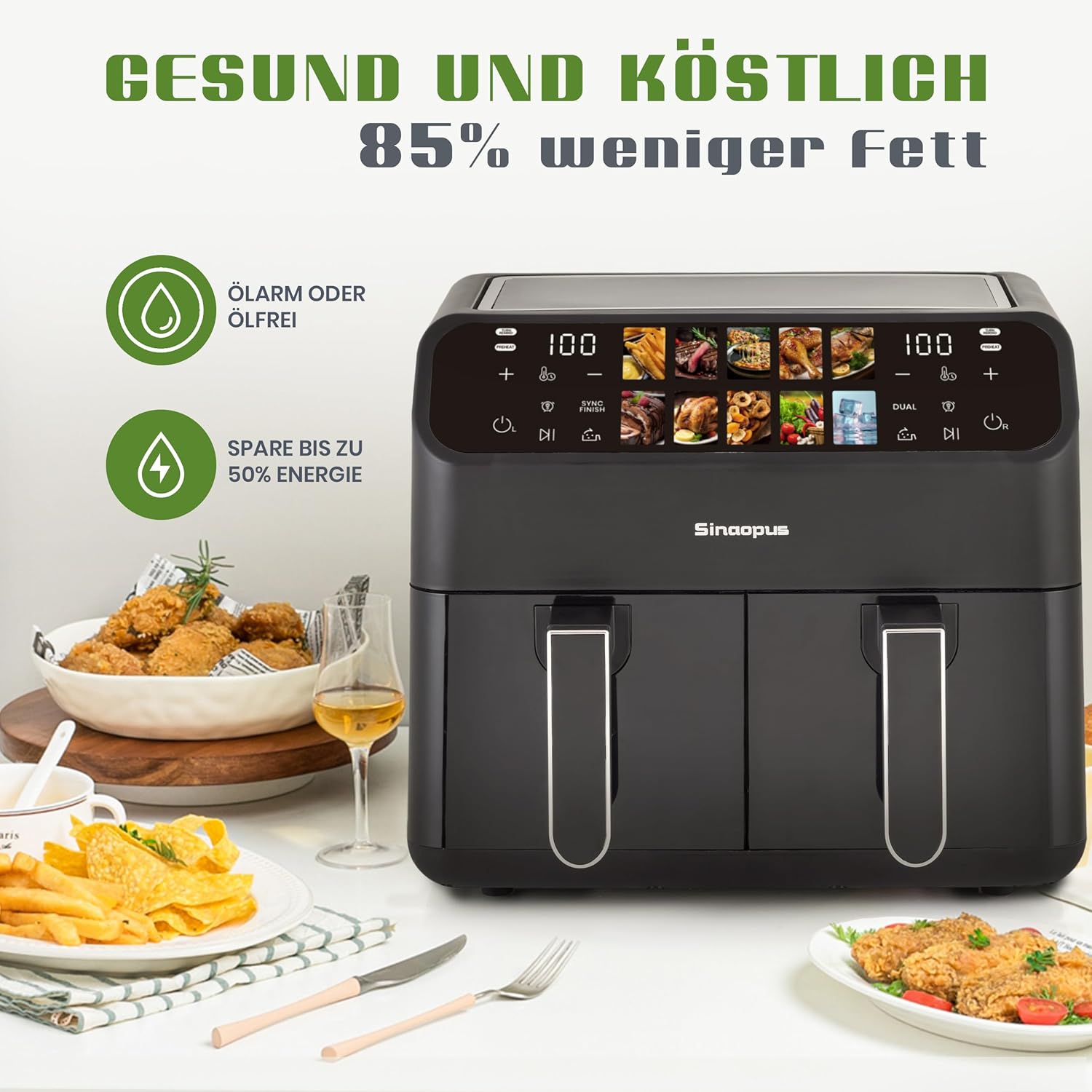 Heißluftfritteuse Airfryer, Dual Zone Heißluftfritteuse 9L – Doppelkammer XXL 2000 W, LED-Touchscreen, 10 Programme, Friteuse Heissluft ohne Öl, Airfryer mit 2 Körben(9L-901A)