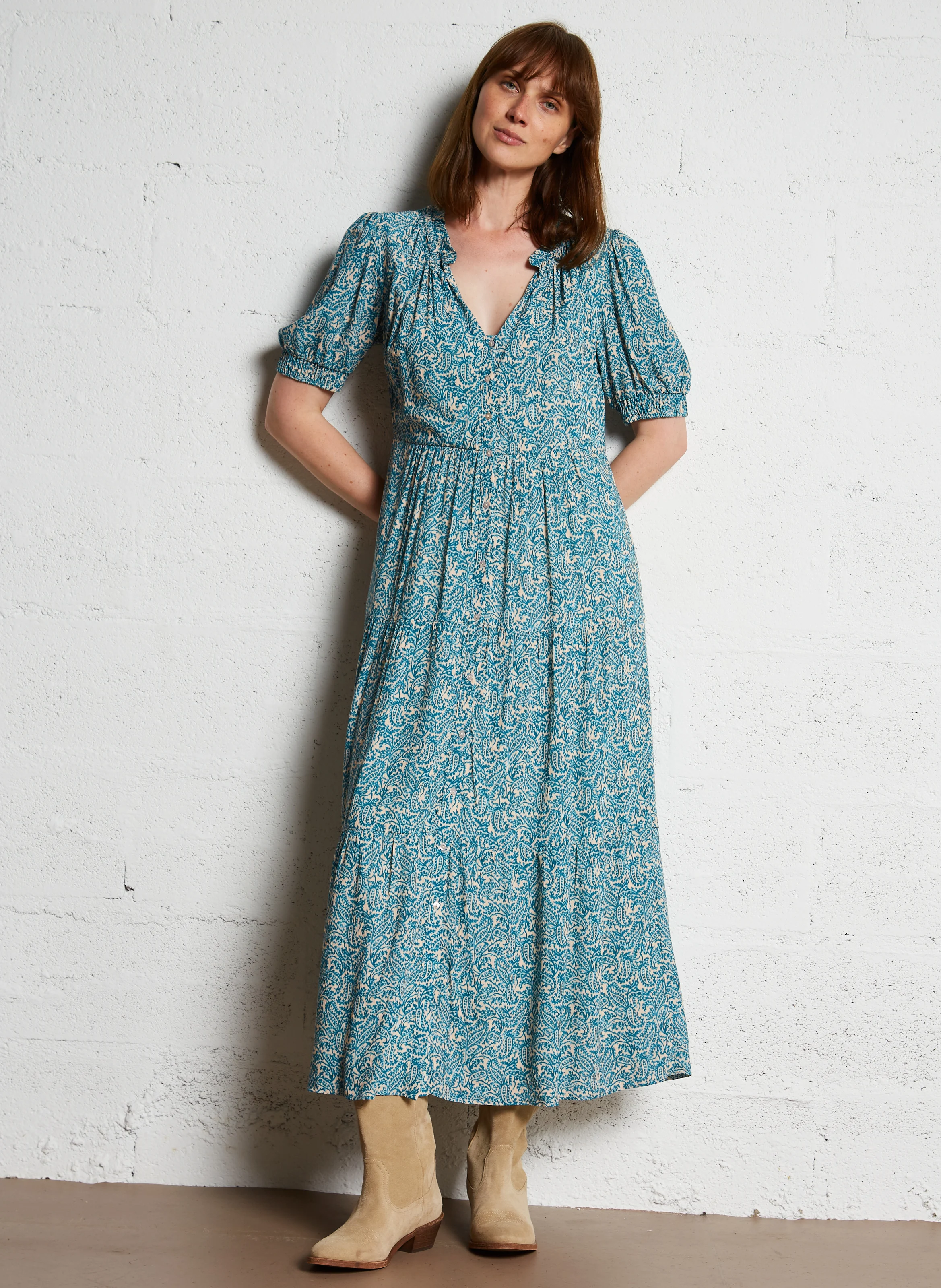 MANALE - Robe longue col tunisien imprimé | Bleu