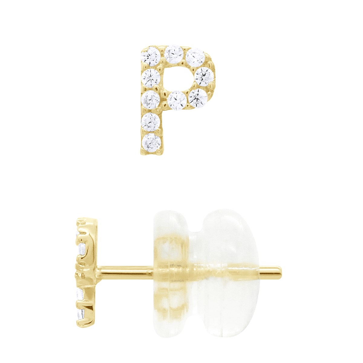 Boucles d'Oreilles Puces - Initiale Lettre P Serties d'Oxydes de Zirconiums - Or Jaune