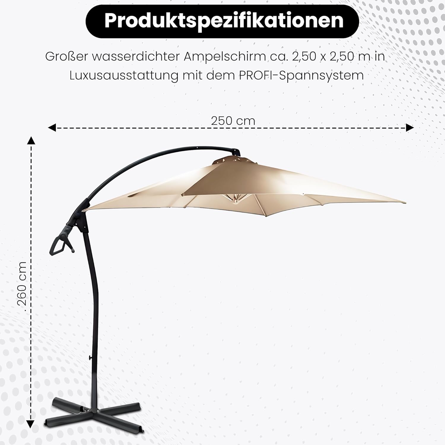 habeig WASSERDICHT Ampelschirm 250x250cm quadratisch durch PVC-Beschichtung Schirm Sonnenschirm Marktschirm Gartenschirm