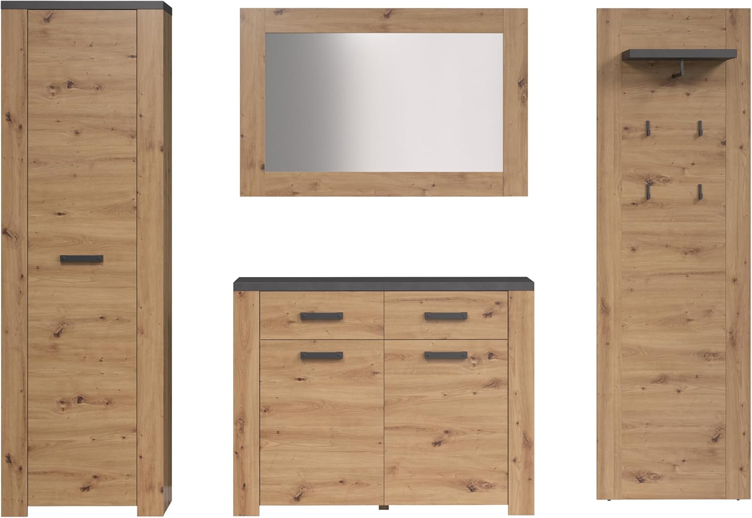 trendteam smart living - Follow - Garderoben-Set - Artisan Eiche/Matera - 4-teilig mit Schrank, Kommode, Paneel & Spiegel - 270 x 199 x 35 cm - ausziehbare Kleiderstange - Vollauszug-Funktion