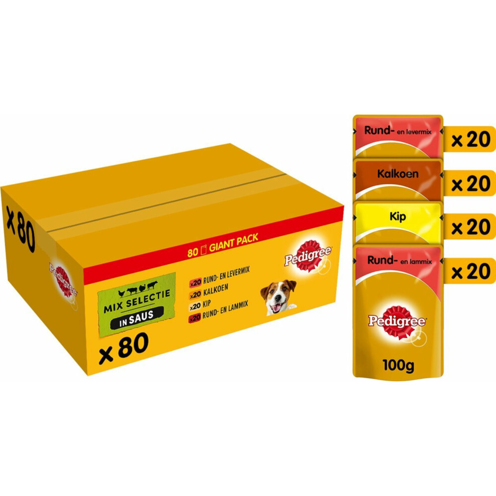 Pedigree Adult Hondenvoer Nat Rund, Kalkoen en Kip80 x 100 gr