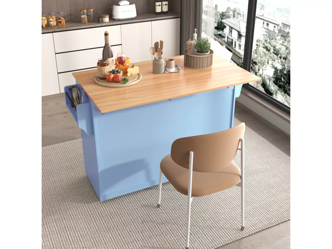 Ilot central de cuisine mobile avec 4 portes et 2 tiroirs - Plateau extensible - 120x46(70)x91 cm - Bois MDF - Bleu et naturel
