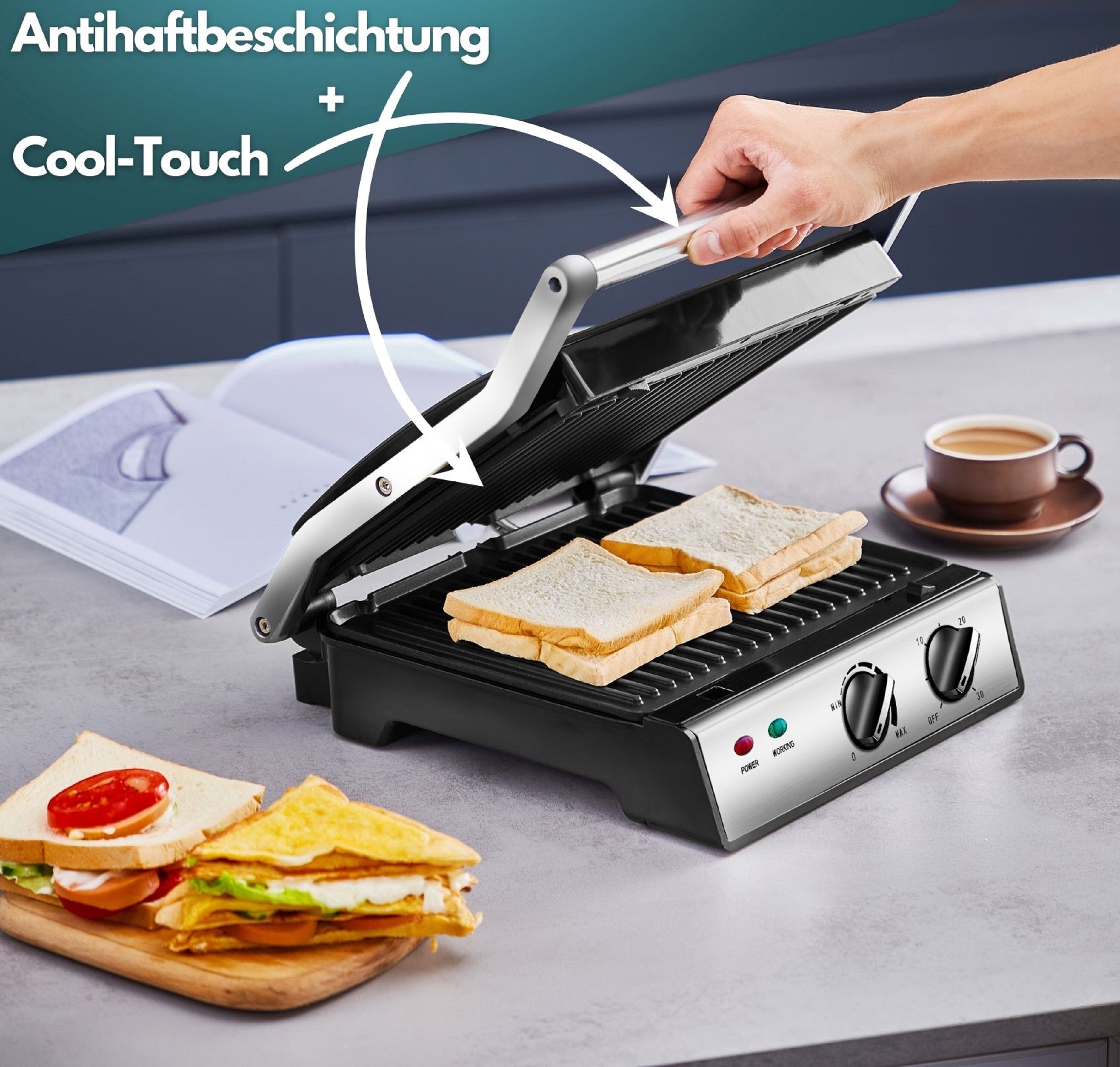 Steinborg 180° Kontaktgrill Timer Thermostat Anti-Rutsch-Füße 2000W