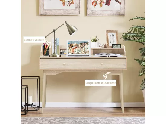 Bureau Moderne avec Tiroir et Étagère, 120 x 50 x 93 CM, Table d'Écriture avec Dispositif Anti-basculement, Naturel