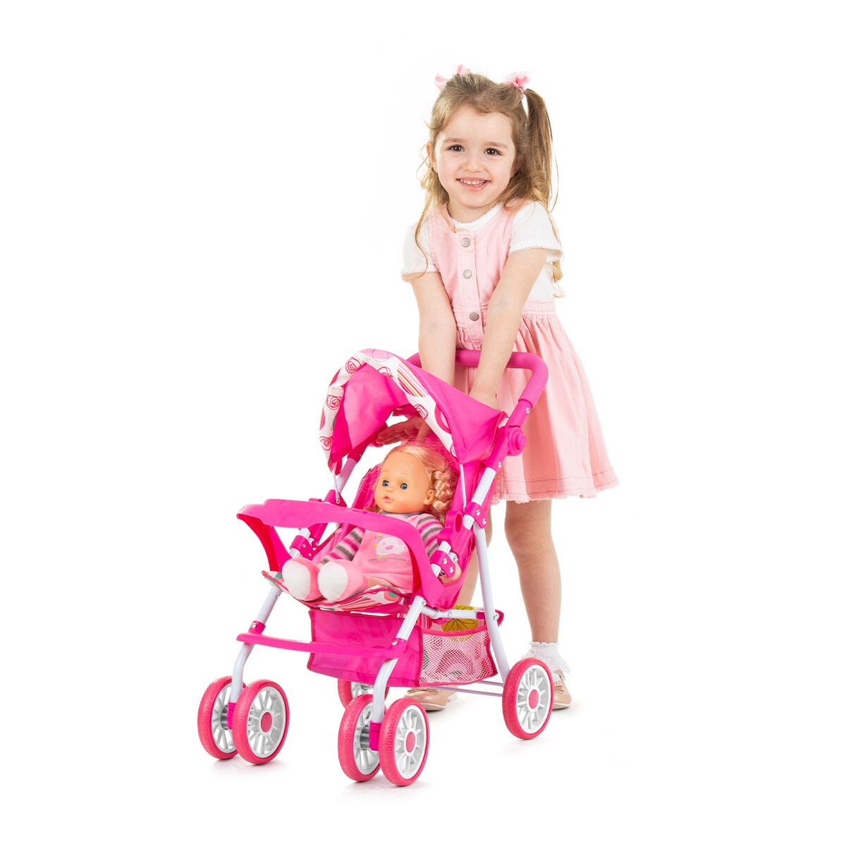 Chipolino Puppenwagen Dolly Korb faltbar Frontbügel Fußstütze Griff verstellbar rosa