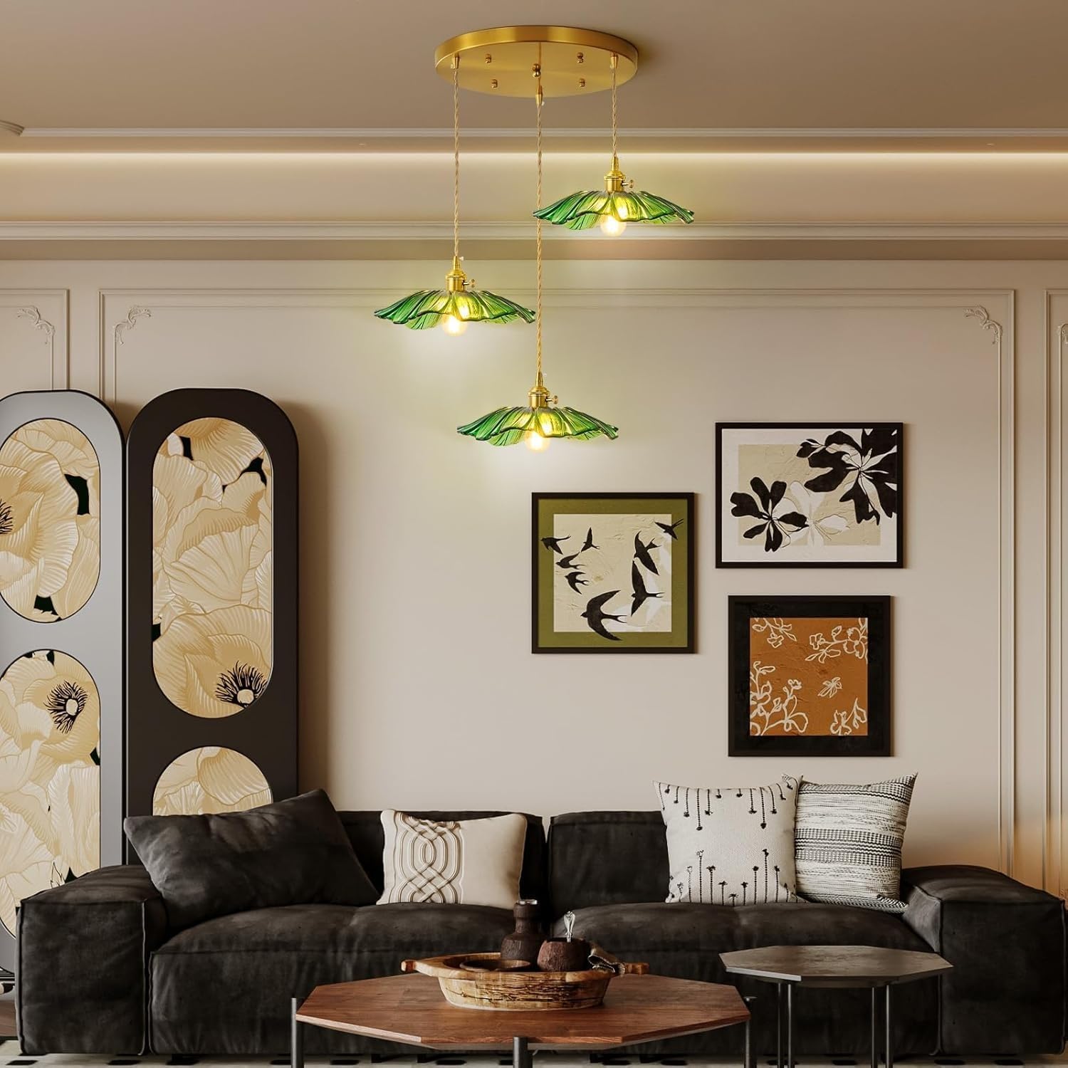 Pendelleuchte grünes Glaslicht Kücheninselleuchten Esszimmerleuchte Kronleuchter Blume DREI Lichter für Schlafzimmer Küche Flur grüne Sonnenblumenform verstellbar Hängeleuchte