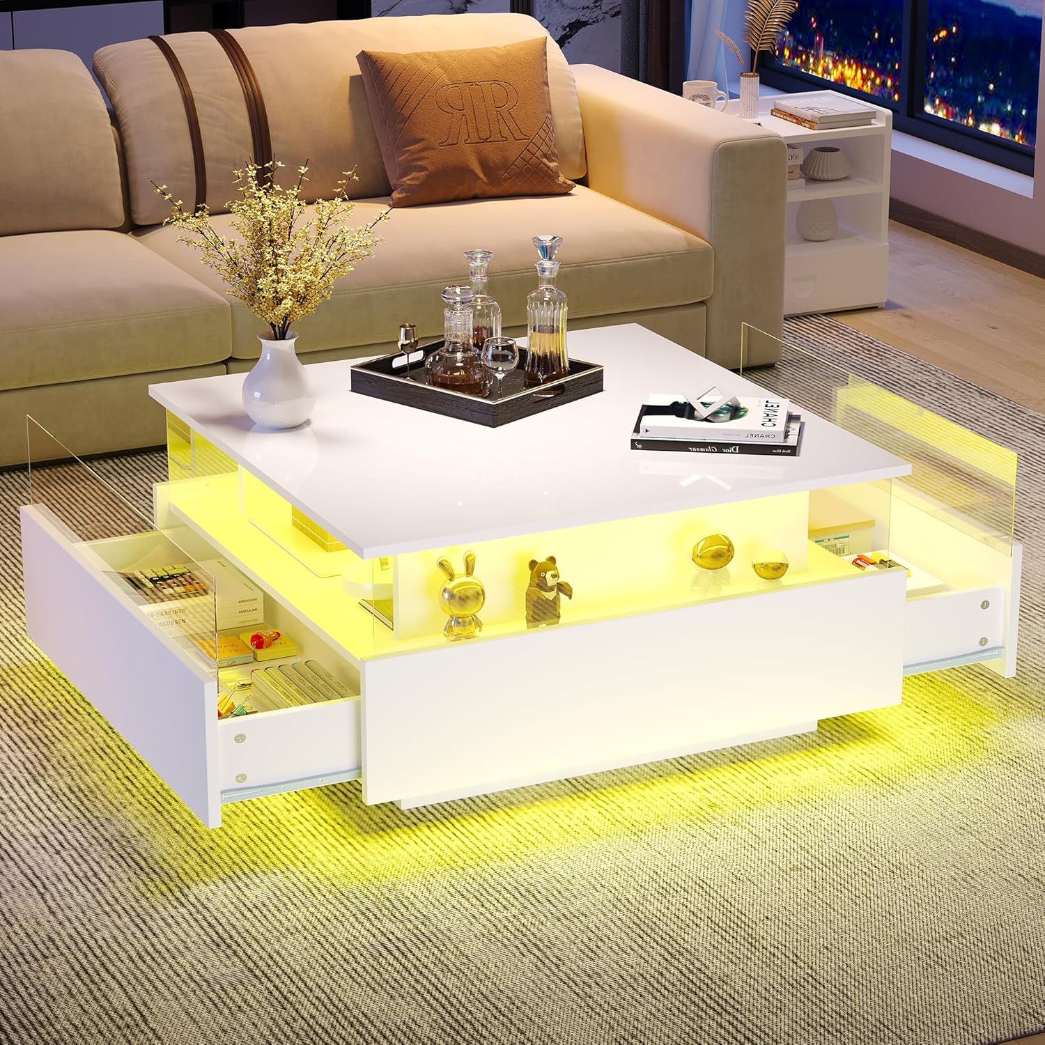 Merax Couchtisch in Hochglanz Weiß, quadratischer Wohnzimmertisch mit LED Beleuchtung, Kaffeetisch mit 2 Schubladen und Transparenter Ausstellungsbereich, Sofatisch Beistelltisch Teetisch für Büro