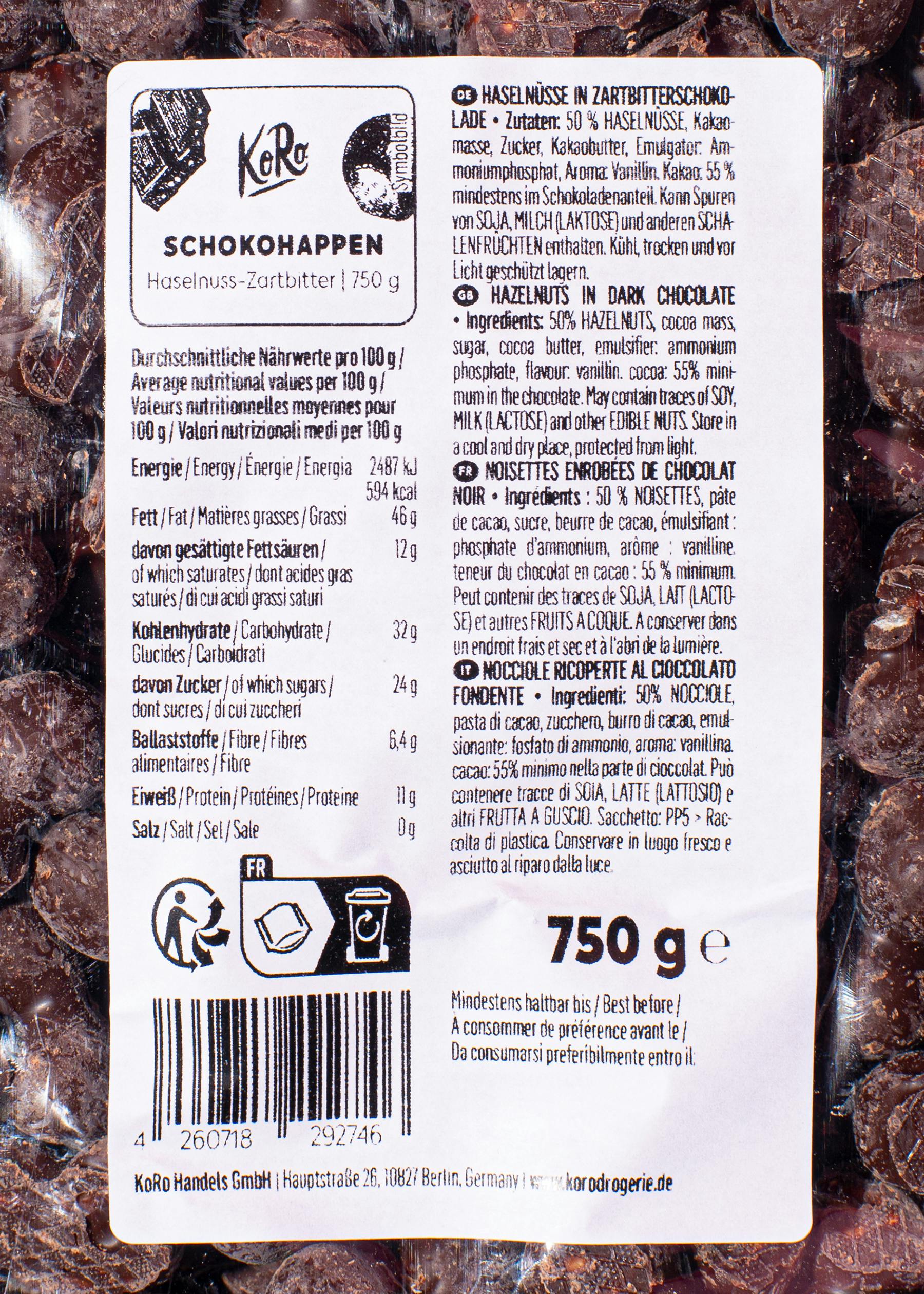 Schokohappen Haselnuss-Zartbitter 750 g