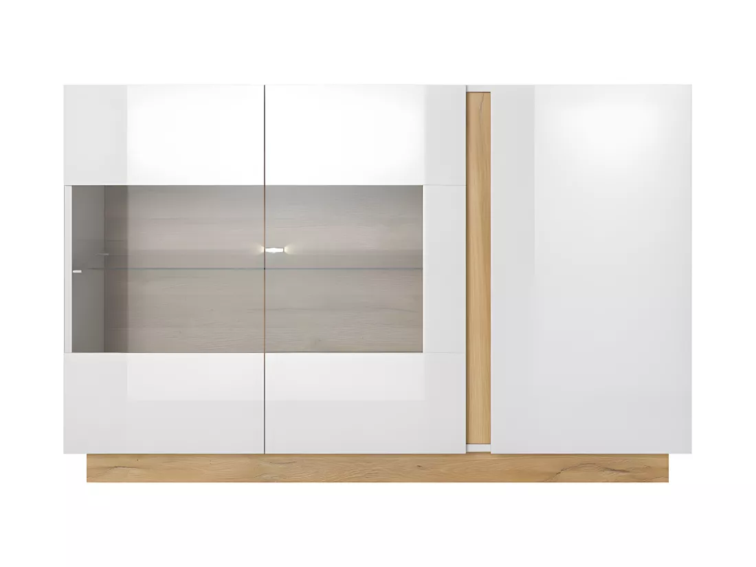 Buffet MURARI - 3 portes - Avec LEDs - Blanc brillant et chêne