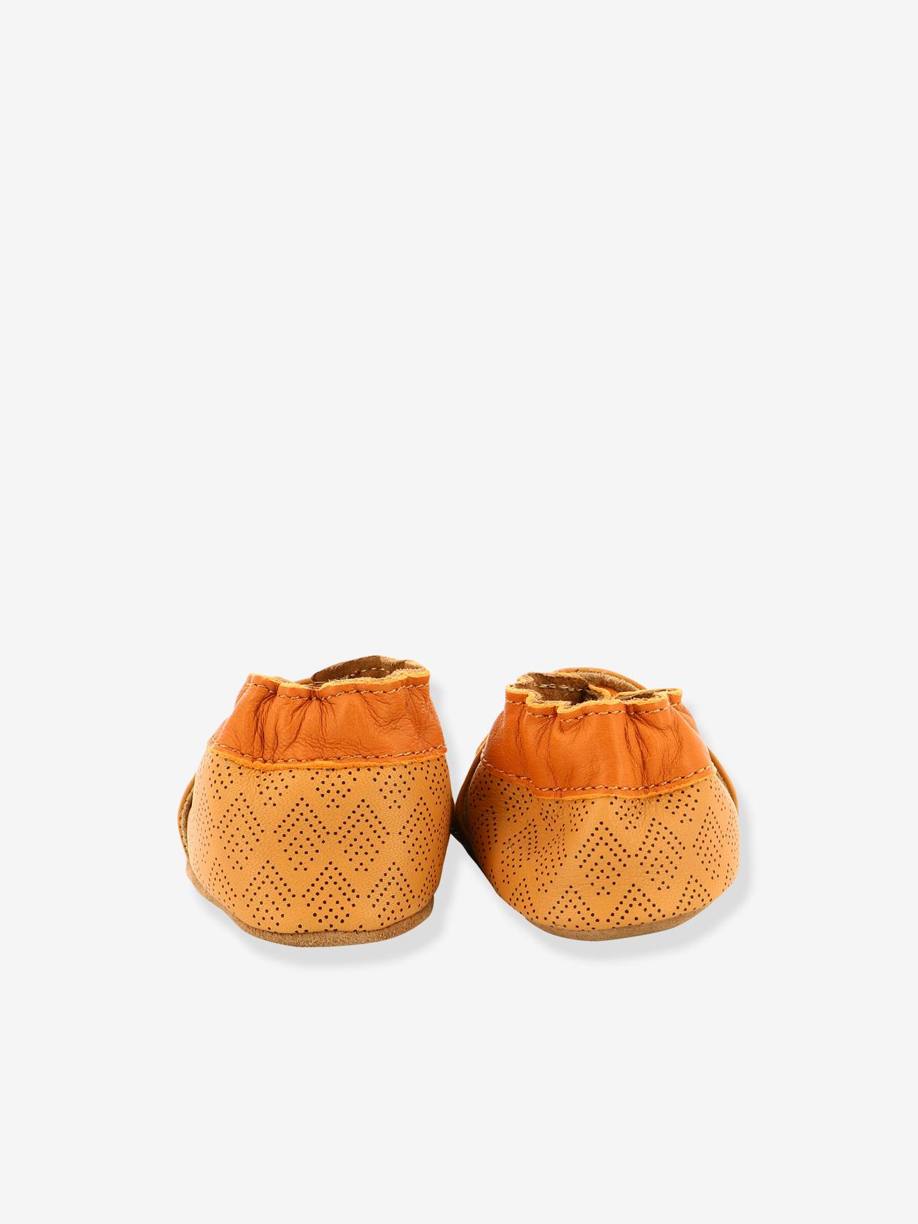 Pantufas de bebê Grooar ROBEEZ© em couro leve, marrom claro liso com estampas.