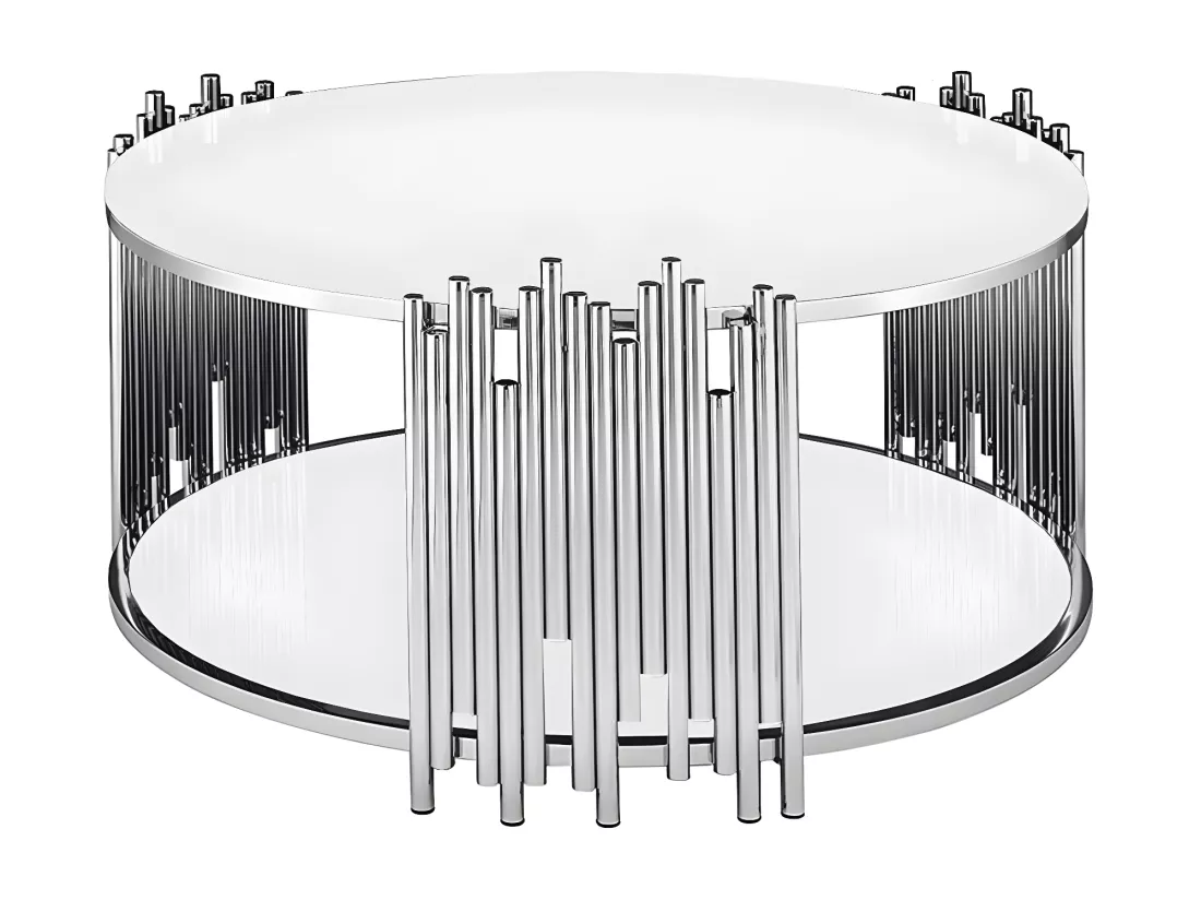 Table basse ronde stick chrome verre blanc d90 h45 cm