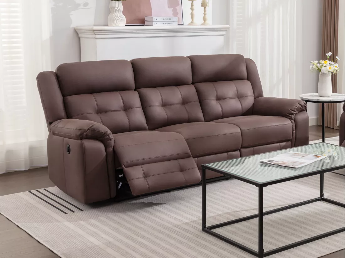 Canapé 3 places relax électrique en microfibre aspect cuir vieilli marron ORTIANO