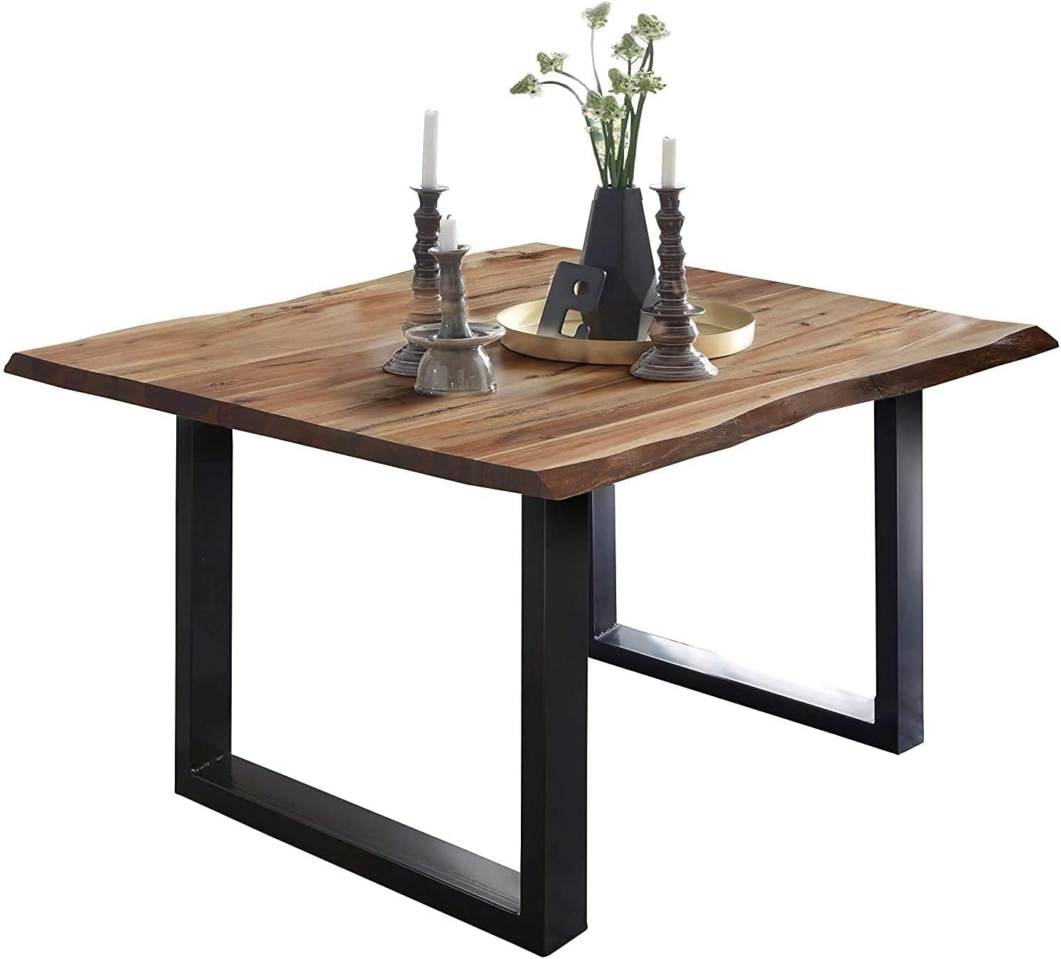 SAM Baumkantentisch 80x80 cm Mephisto, Akazienholz massiv + naturfarben lackiert, Esstisch mit schwarz lackiertem U-Gestell, Esszimmertisch/Holztisch, Tischplatte 26 mm