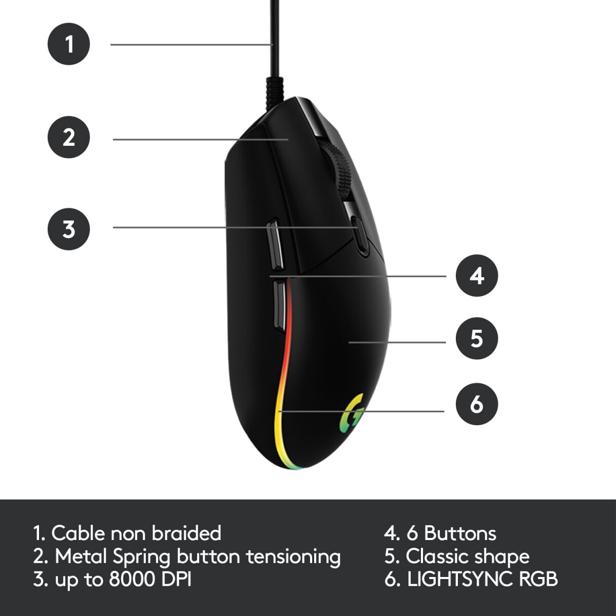 Logitech G203 - Lightsync Gaming Mus - Sort