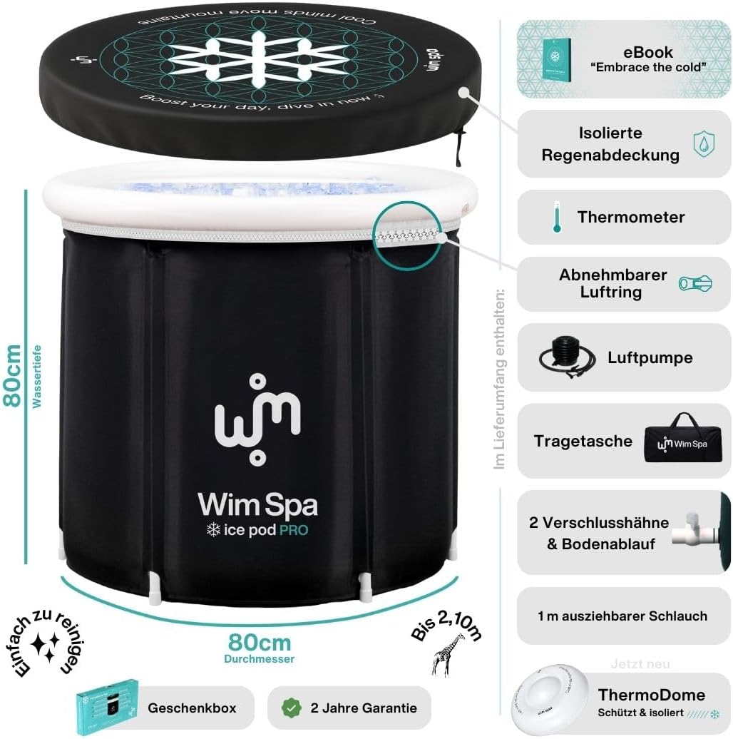[Das Original seit 2015] Ice Pod (80 cm Ø x 80 cm) XL - Faltbares isoliertes Eisbad/Eisfass für Cold Plunge Kältetherapie, tragbare Badewanne inkl. ThermoDome, Cover, Thermometer, eBook UVM.