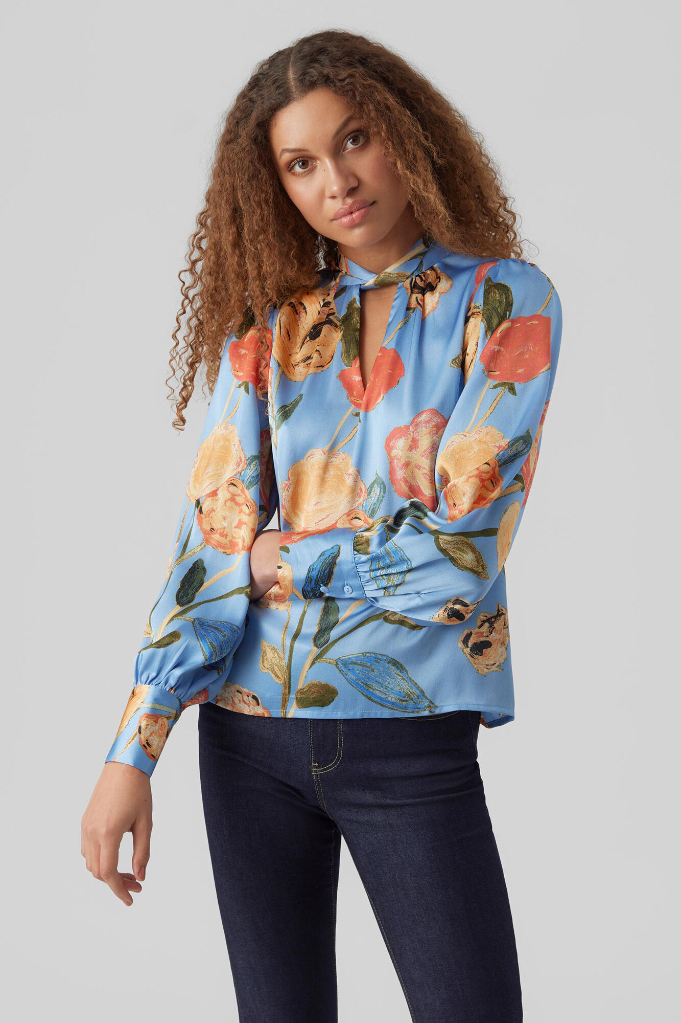 Blusa de cetim de manga comprida - Azul