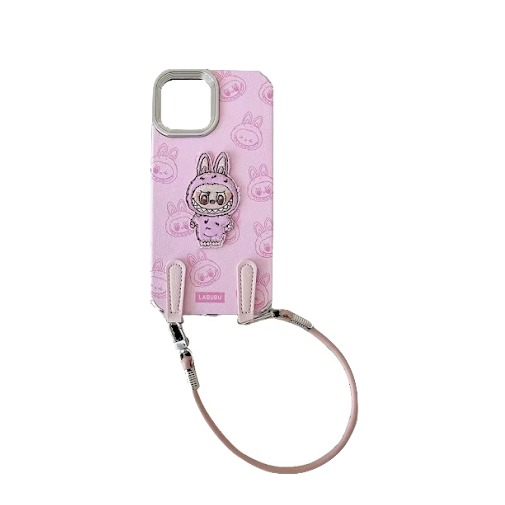 iPhone 16 Leder Hardcase Hülle mit Handschlaufe Monsterhäschen - Rosa