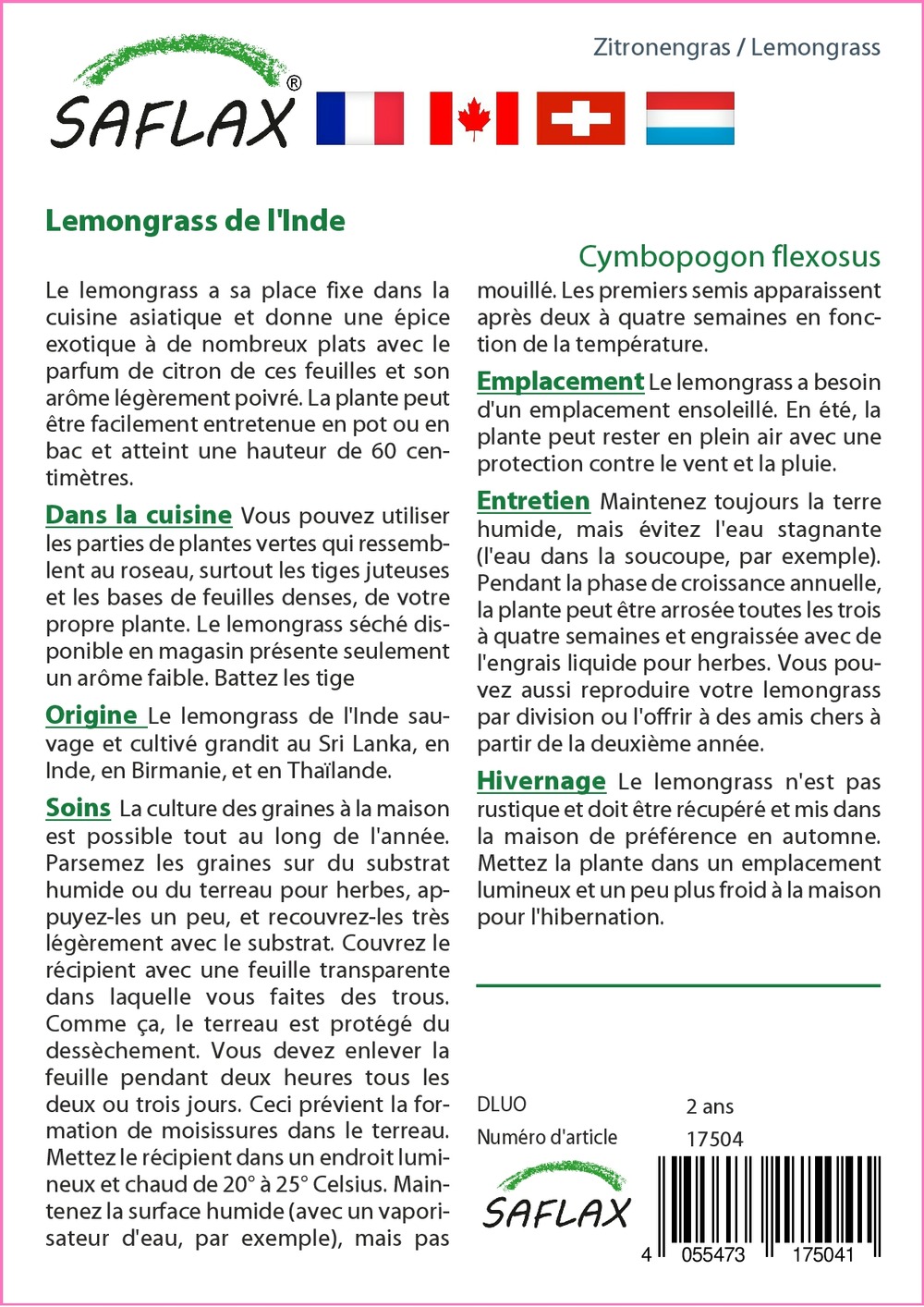 Kit cadeau - lemongrass de l'inde - 50 graines - cymbopogon flexosus