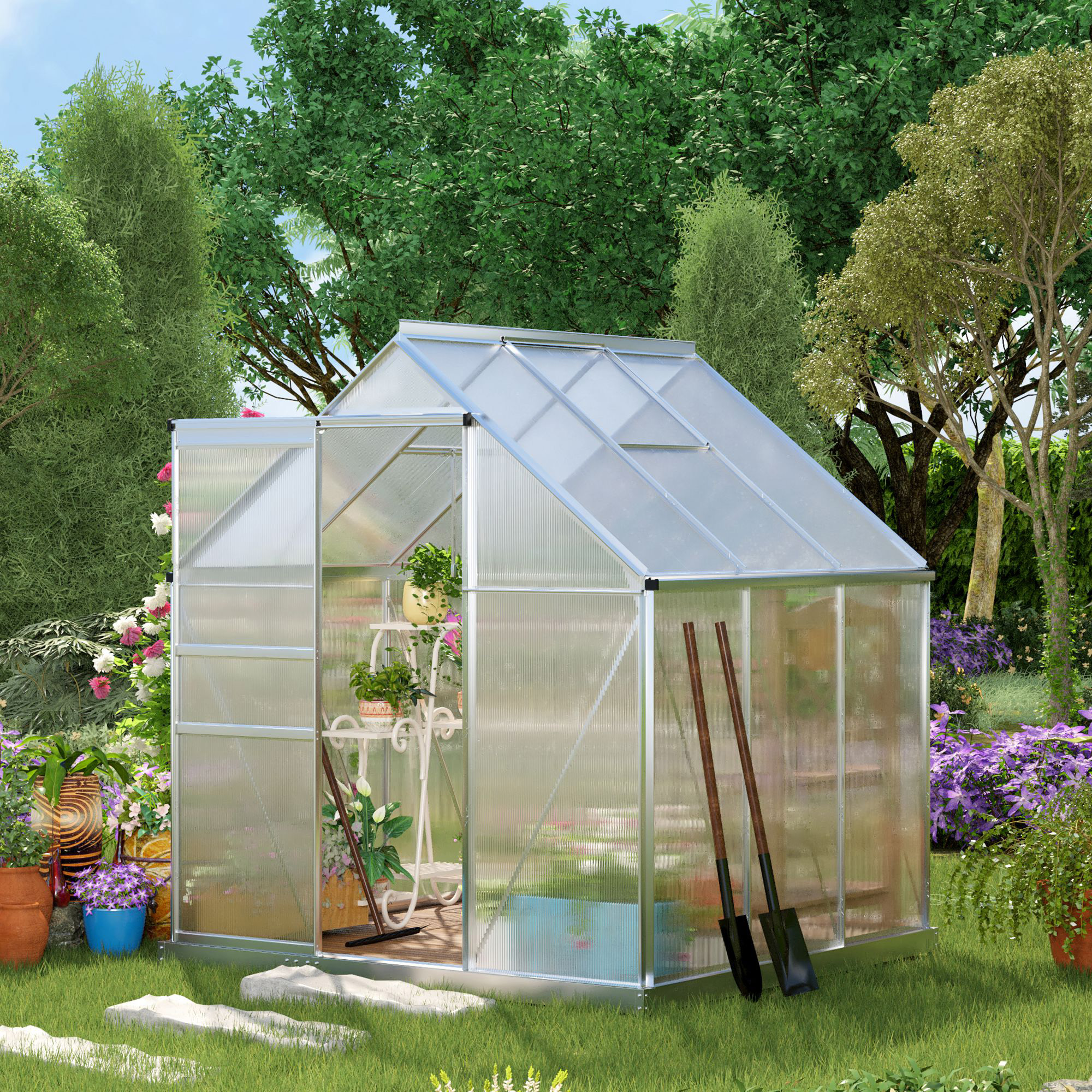 Estufa de jardim Outsunny em policarbonato e alumínio, 190x190x200 cm (3,6 m²), com base, porta de correr e 2 claraboias, para cultivo de plantas e sementes. Transparente.