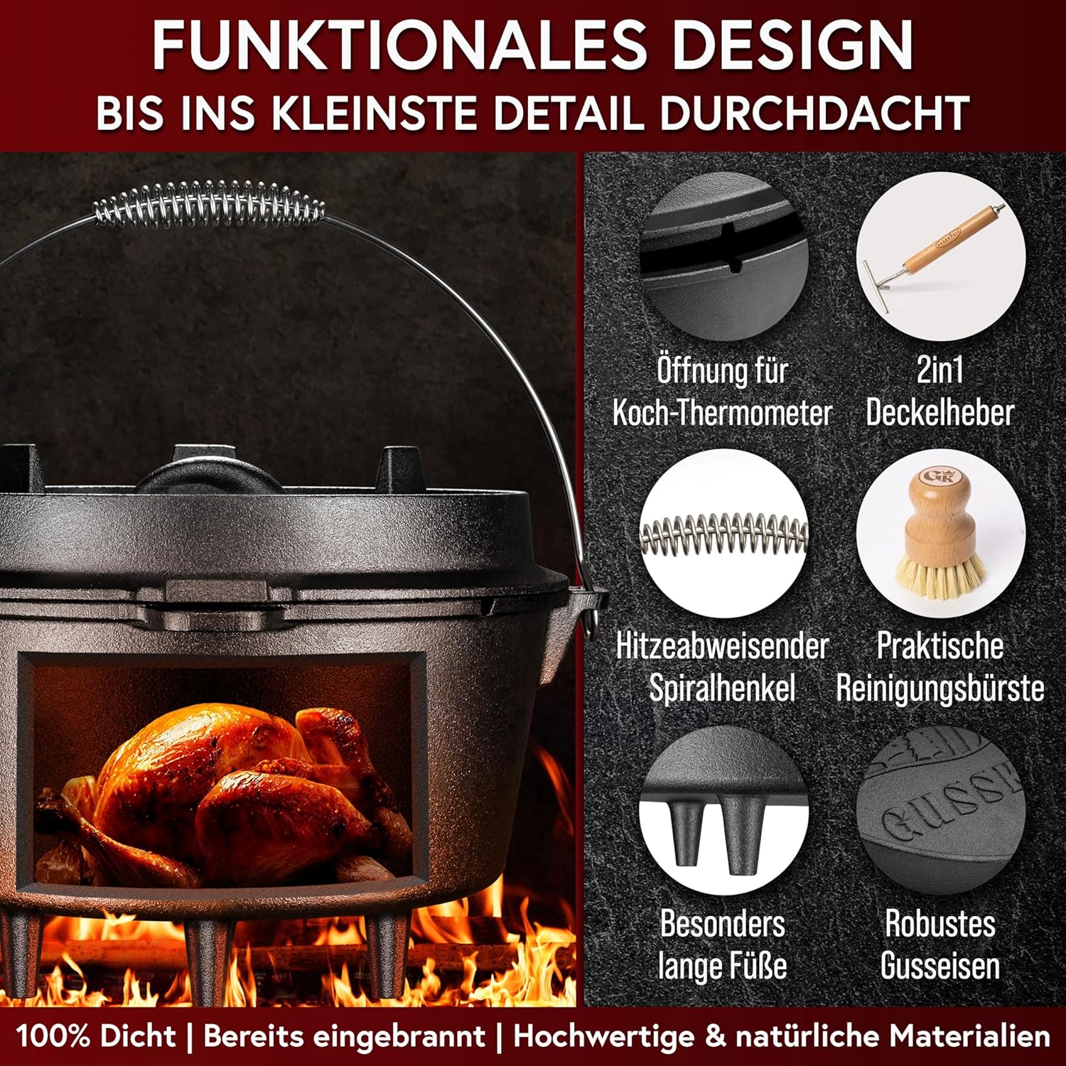 Dutch Oven Set - Eingebrannter Dutch Oven 12 Liter [10-16 Person]-Feuertopf Gusseisen mit Füßen-Schmortopf Doppelfunktion-2in1 Deckelheber, Bürste & DutchOven Rezeptbuch-30 Jahre Garantie