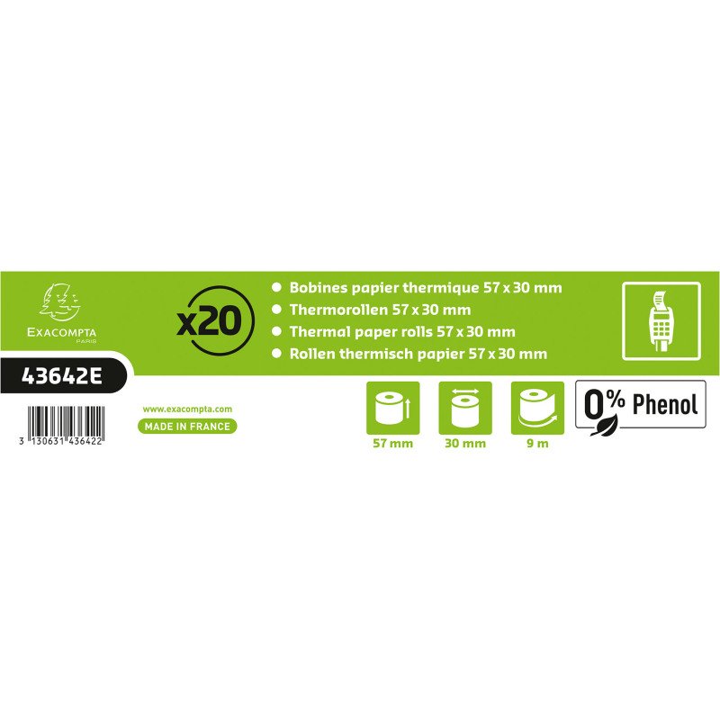 Bobines Terminaux bancaires Exacompta 43642E - l 57 mm x L 9 m, Ø 30 mm - 1 pli(s) - paquet de 20
