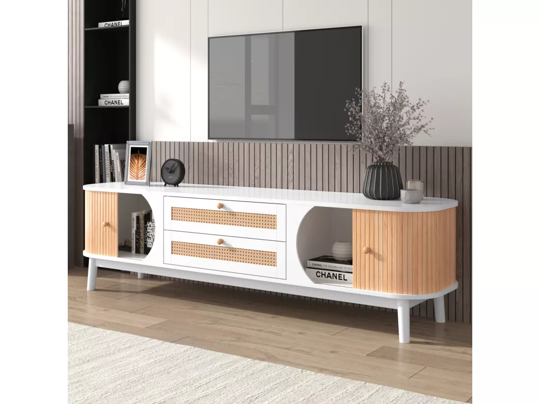 Meuble TV 170x39.5x46cm - Meuble TV en bois avec portes et tiroirs en rotin style maison de campagne pour rangement - blanc
