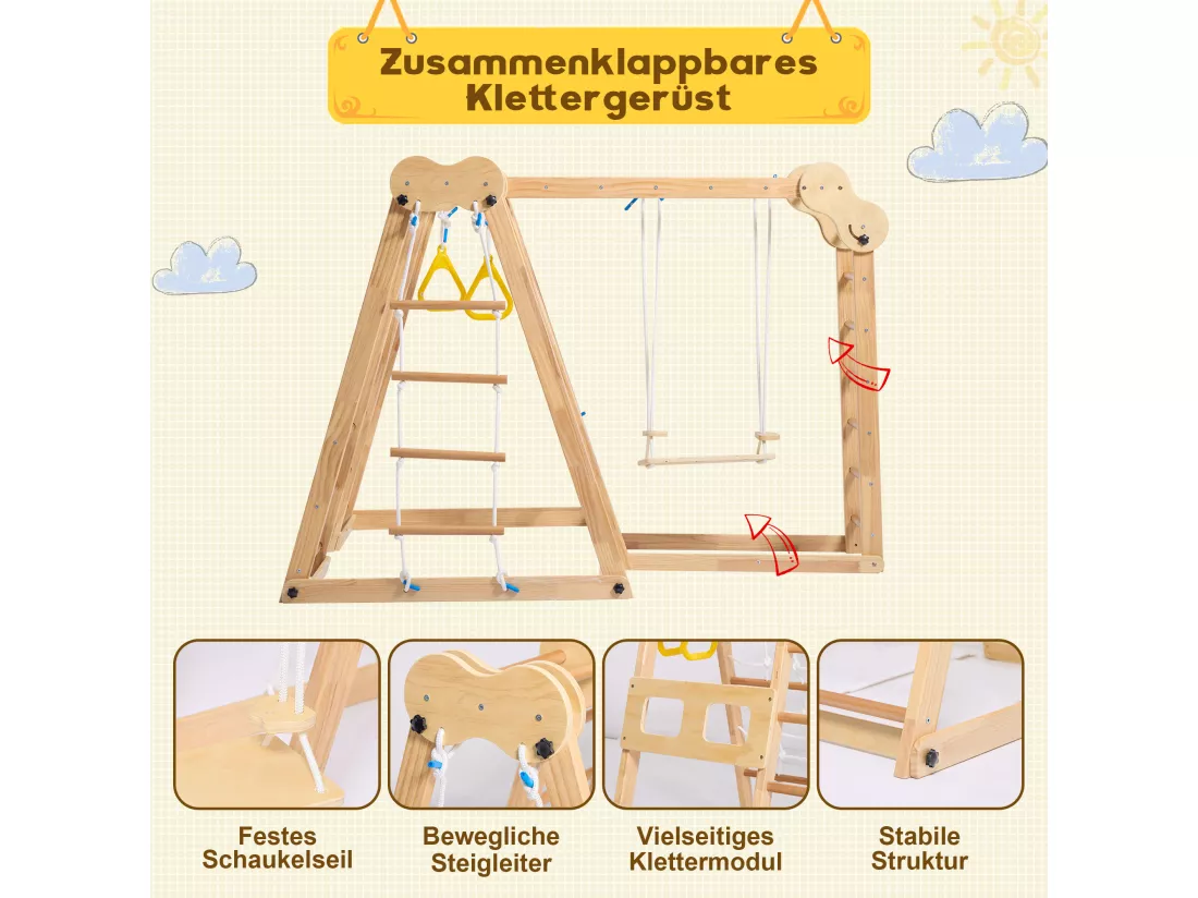 Aire de jeu 7 en 1 pour enfant - avec toboggan, barre d'escalade, balançoire, corde d'escalade, échelles en filet - couleur bois