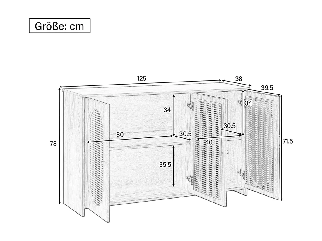 Buffet moderne avec 3 portes en imitation rotin - 125 x 38 x 78 cm - Bois MDF - Noyer