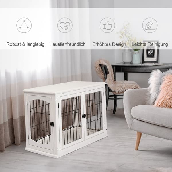 Hundekennel hundehus transportkasse smådyrbur til innendørs bruk hundekasse dyrebur kjæledyr MDF metall hvit 81 x 58,5 x 66 cm