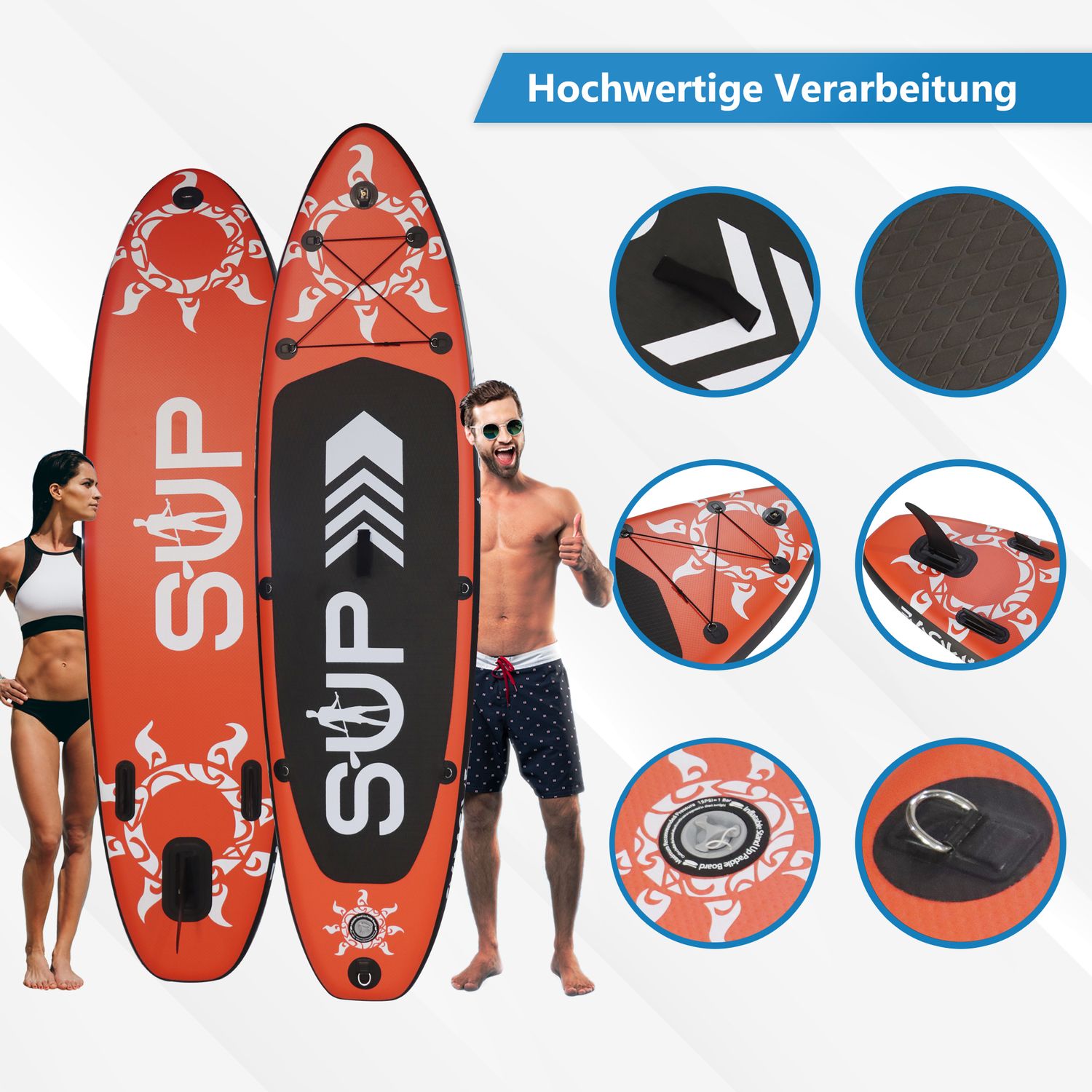 24MOVE® Standup Paddle Board SUP, inkl. umfangreichem Zubehör, Paddel und Hochdruckpumpe, ROT, 366x80x15cm