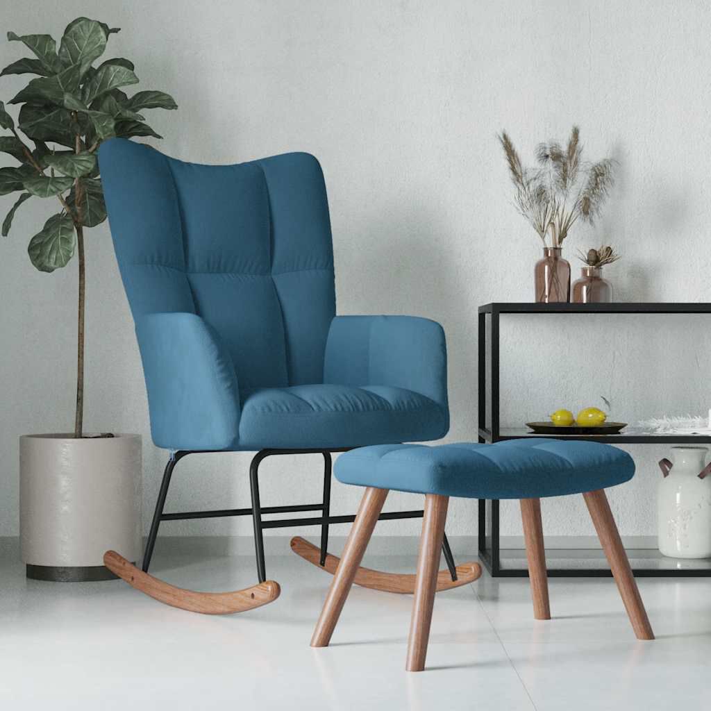 vidaXL Schommelstoel met voetenbankje, blauw, bekleed met fluweel